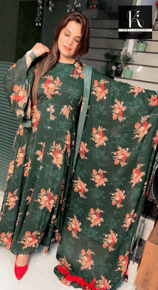 Bottle Green Georgette Printed Sequence Gown - Kirti Kapoor Couture