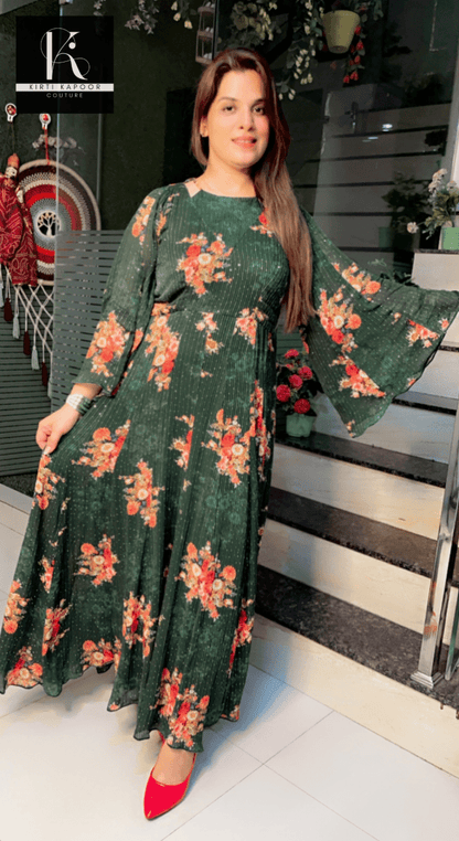 Bottle Green Georgette Printed Sequence Gown - Kirti Kapoor Couture