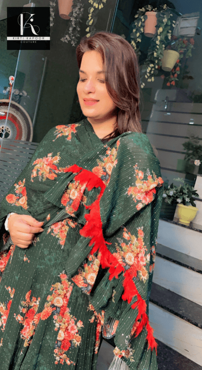 Bottle Green Georgette Printed Sequence Gown - Kirti Kapoor Couture