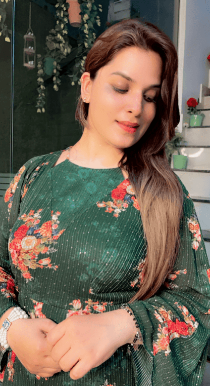Bottle Green Georgette Printed Sequence Gown - Kirti Kapoor Couture