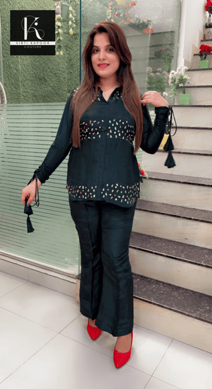 Bottle Green Hand - Embroidered Co - ord Set - Kirti Kapoor Couture