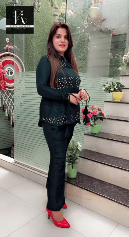 Bottle Green Hand - Embroidered Co - ord Set - Kirti Kapoor Couture