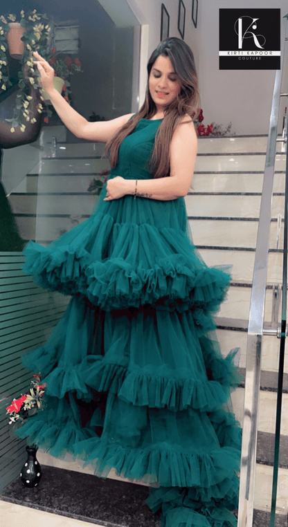 Bottle Green Trail Gown - Kirti Kapoor Couture