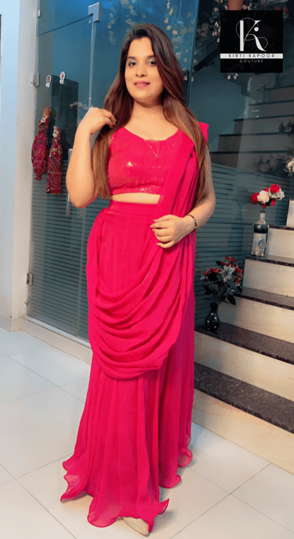 Bright Pink Shimmer Saree with Sequence Blouse - Kirti Kapoor Couture