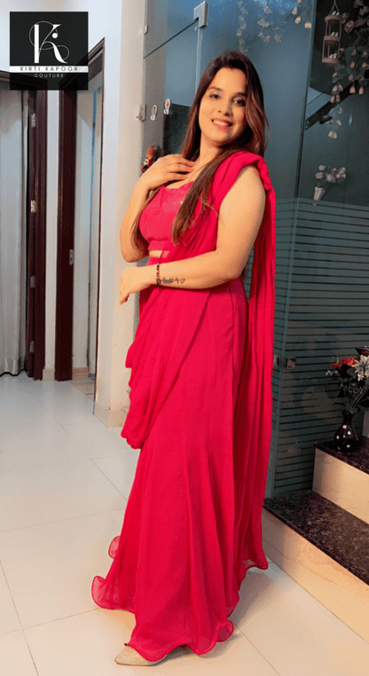 Bright Pink Shimmer Saree with Sequence Blouse - Kirti Kapoor Couture