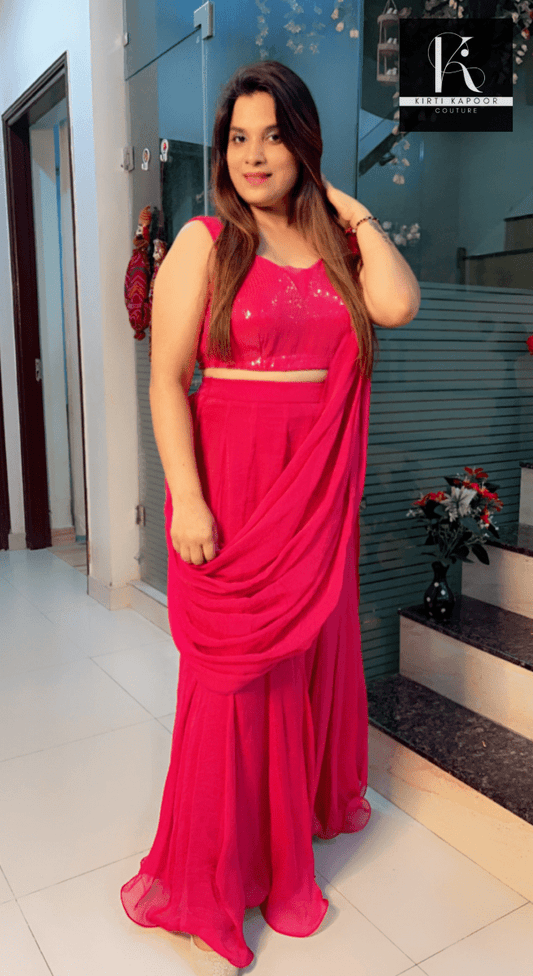 Bright Pink Shimmer Saree with Sequence Blouse - Kirti Kapoor Couture