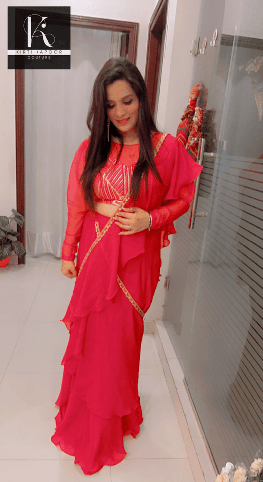 Bright Red Saree With Gold Highlights - Wedding Collection - Kirti Kapoor Couture