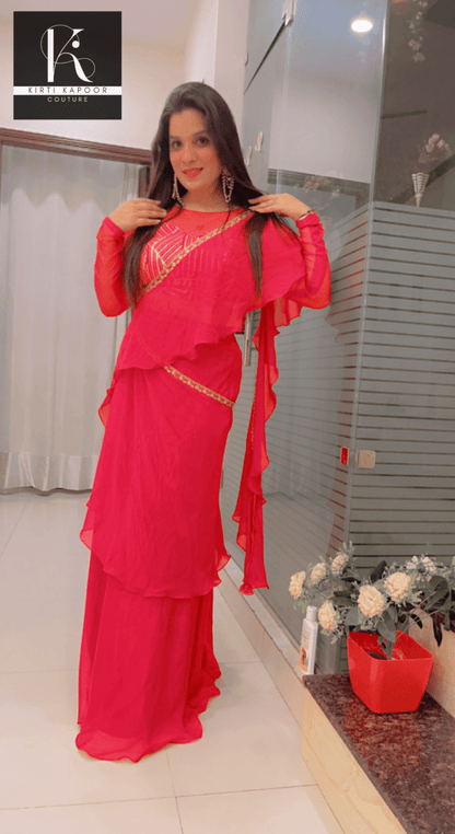 Bright Red Saree With Gold Highlights - Wedding Collection - Kirti Kapoor Couture