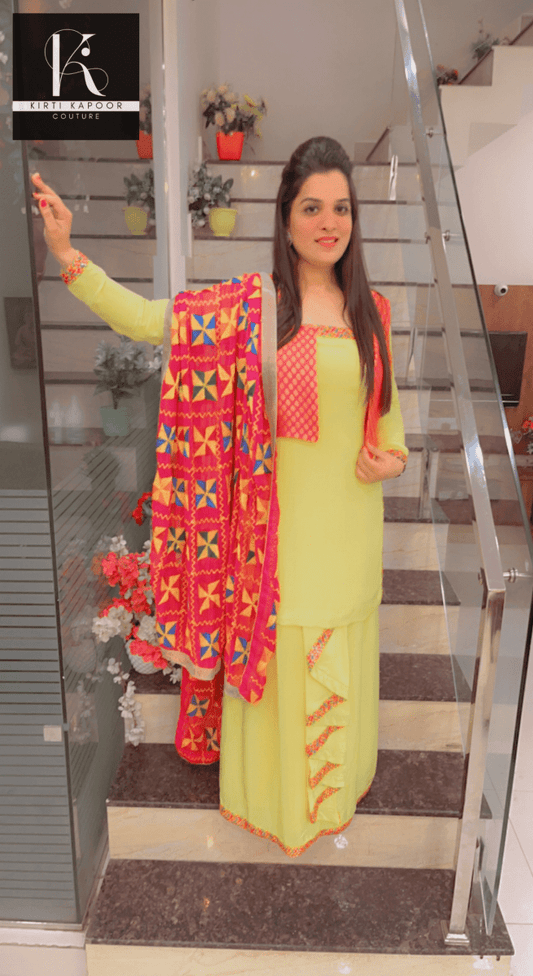 Bright Yellow Chadra Style Suit (Traditional Punjabi Attire) - Kirti Kapoor Couture