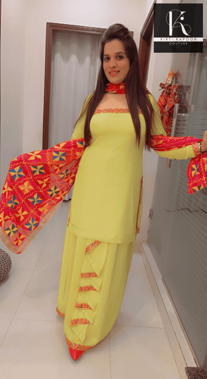 Bright Yellow Chadra Style Suit (Traditional Punjabi Attire) - Kirti Kapoor Couture