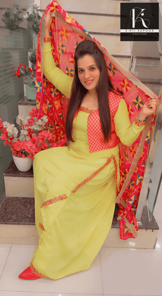 Bright Yellow Chadra Style Suit (Traditional Punjabi Attire) - Kirti Kapoor Couture