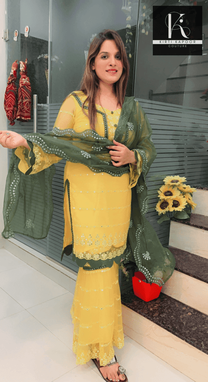 Bright Yellow Designer Suit With A Cut - Work Garara - Kirti Kapoor Couture
