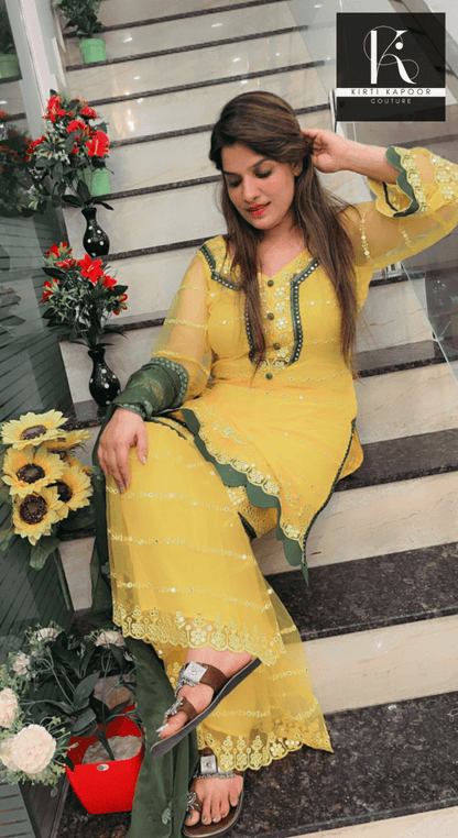 Bright Yellow Designer Suit With A Cut - Work Garara - Kirti Kapoor Couture