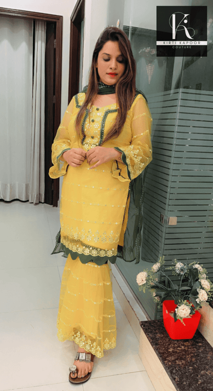 Bright Yellow Designer Suit With A Cut - Work Garara - Kirti Kapoor Couture