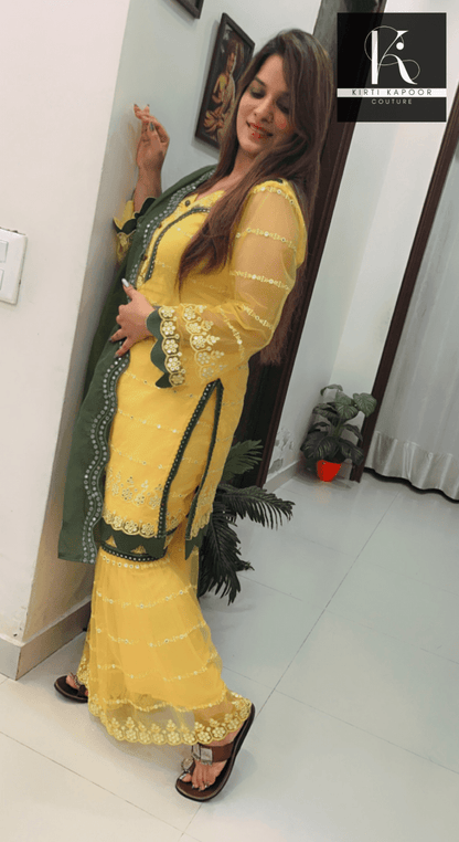 Bright Yellow Designer Suit With A Cut - Work Garara - Kirti Kapoor Couture