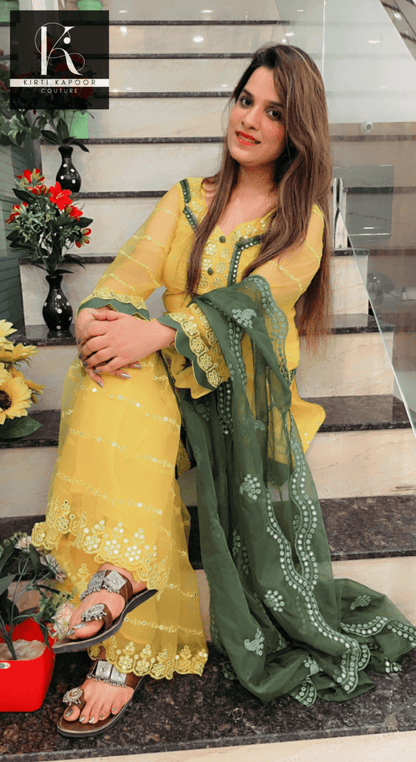 Bright Yellow Designer Suit With A Cut - Work Garara - Kirti Kapoor Couture