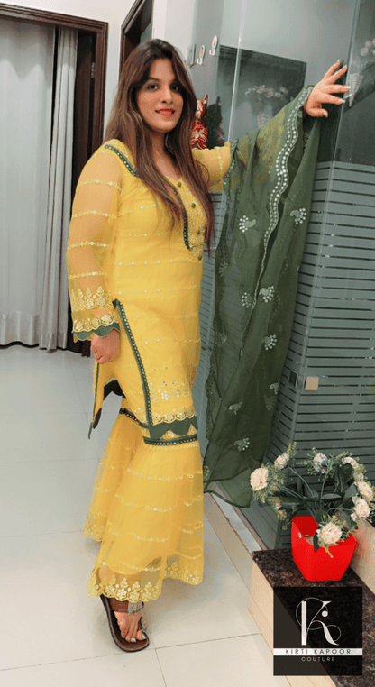 Bright Yellow Designer Suit With A Cut - Work Garara - Kirti Kapoor Couture