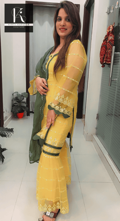 Bright Yellow Designer Suit With A Cut - Work Garara - Kirti Kapoor Couture