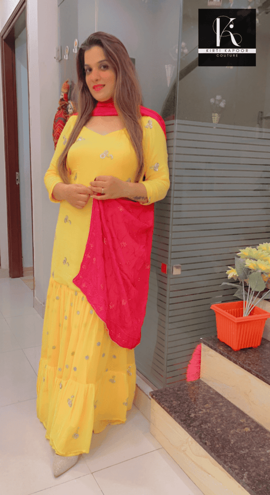 Bright Yellow One - piece with Pink Dupatta - Kirti Kapoor Couture
