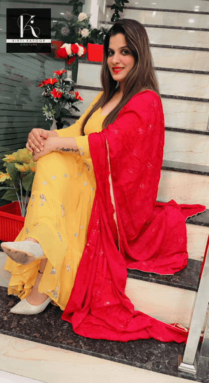 Bright Yellow One - piece with Pink Dupatta - Kirti Kapoor Couture