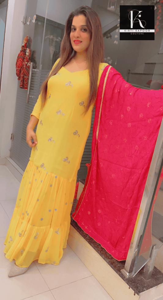 Bright Yellow One - piece with Pink Dupatta - Kirti Kapoor Couture