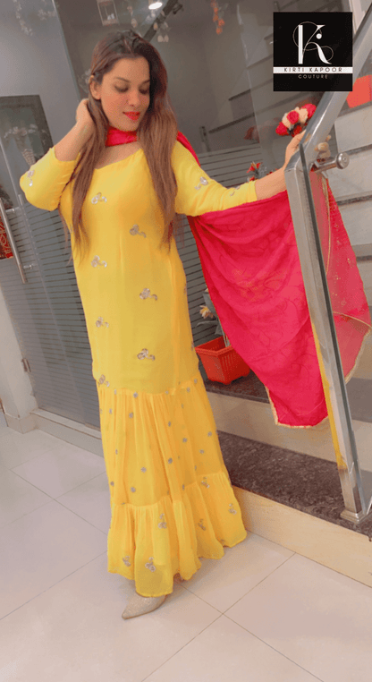 Bright Yellow One - piece with Pink Dupatta - Kirti Kapoor Couture