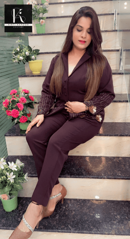 Brown Embroidered Blazer and Pant Set - Kirti Kapoor Couture