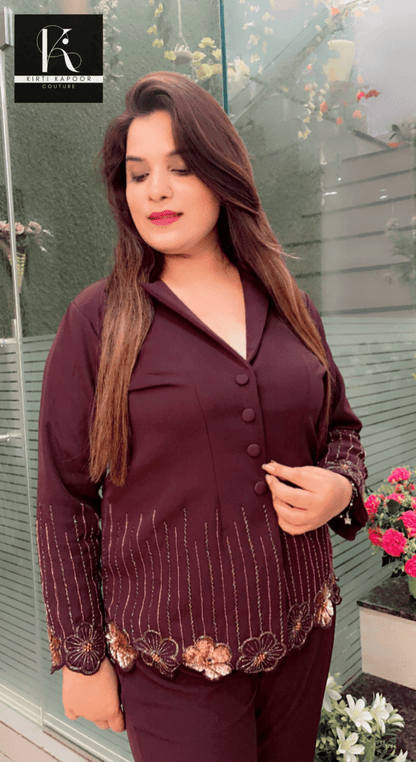 Brown Embroidered Blazer and Pant Set - Kirti Kapoor Couture