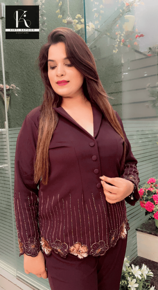 Brown Embroidered Blazer and Pant Set - Kirti Kapoor Couture