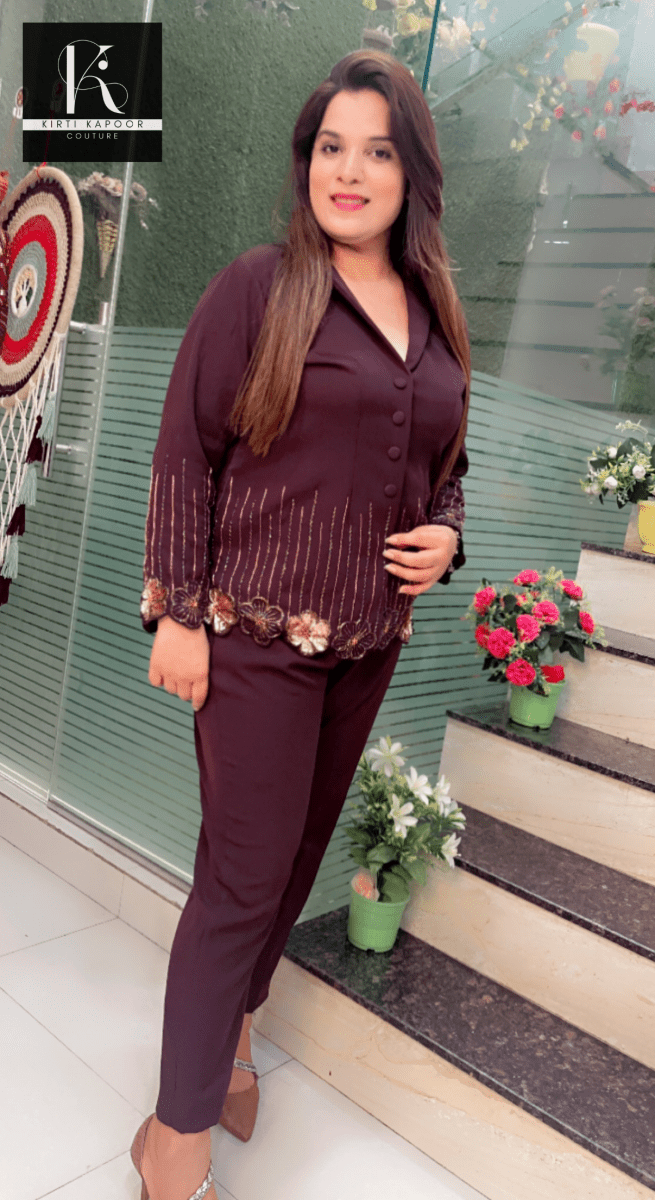 Brown Embroidered Blazer and Pant Set - Kirti Kapoor Couture