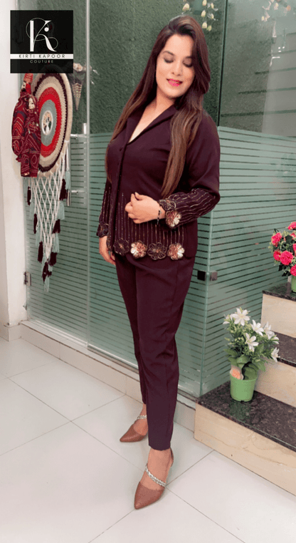 Brown Embroidered Blazer and Pant Set - Kirti Kapoor Couture