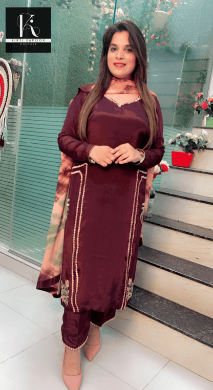 Brown Embroidered Suit with Tie & Dye Dupatta - Kirti Kapoor Couture