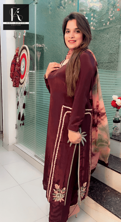 Brown Embroidered Suit with Tie & Dye Dupatta - Kirti Kapoor Couture