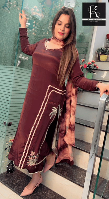 Brown Embroidered Suit with Tie & Dye Dupatta - Kirti Kapoor Couture