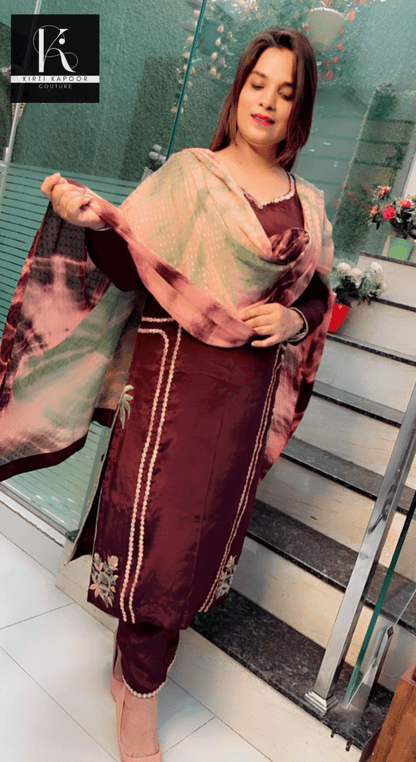 Brown Embroidered Suit with Tie & Dye Dupatta - Kirti Kapoor Couture