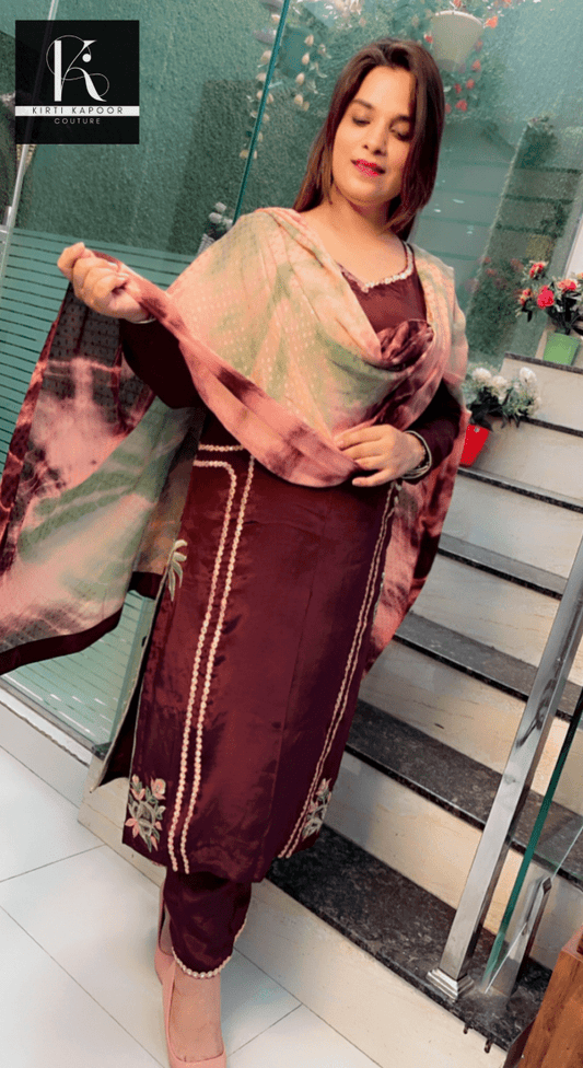 Brown Embroidered Suit with Tie & Dye Dupatta - Kirti Kapoor Couture