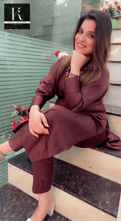 Brown Kurti and Pant Set (Pearl - Worked Neckline) - Kirti Kapoor Couture