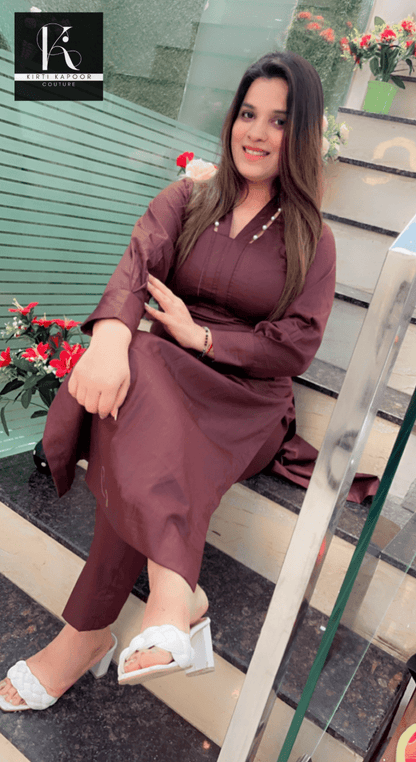 Brown Kurti and Pant Set (Pearl - Worked Neckline) - Kirti Kapoor Couture