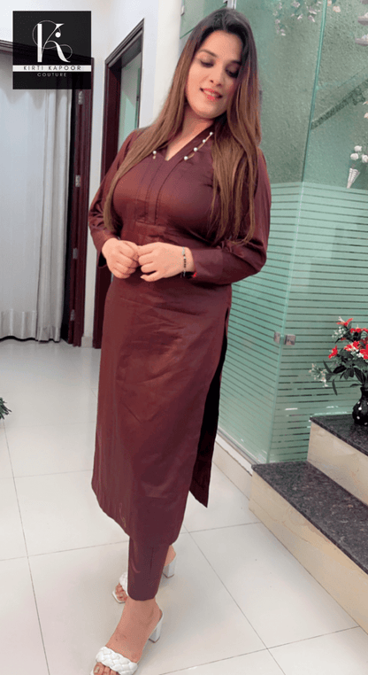 Brown Kurti and Pant Set (Pearl - Worked Neckline) - Kirti Kapoor Couture
