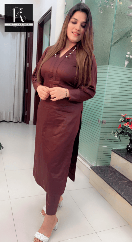 Brown Kurti and Pant Set (Pearl - Worked Neckline) - Kirti Kapoor Couture