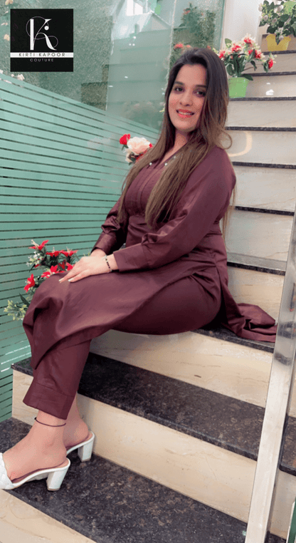 Brown Kurti and Pant Set (Pearl - Worked Neckline) - Kirti Kapoor Couture