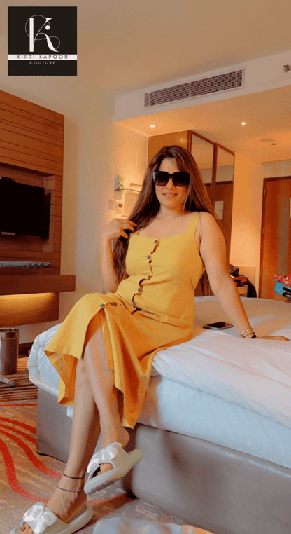 Casual Yellow Dress With Black Buttons - Kirti Kapoor Couture