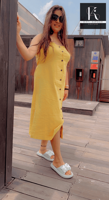 Casual Yellow Dress With Black Buttons - Kirti Kapoor Couture