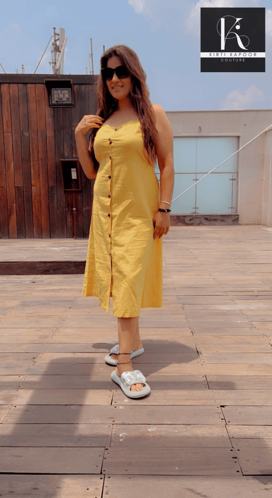 Casual Yellow Dress With Black Buttons - Kirti Kapoor Couture