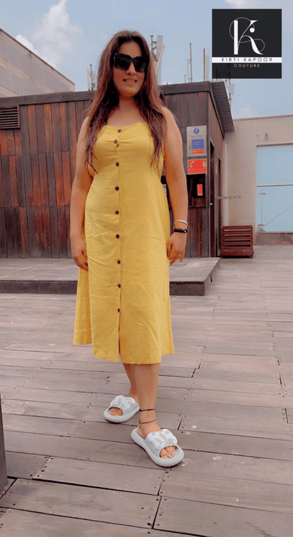 Casual Yellow Dress With Black Buttons - Kirti Kapoor Couture