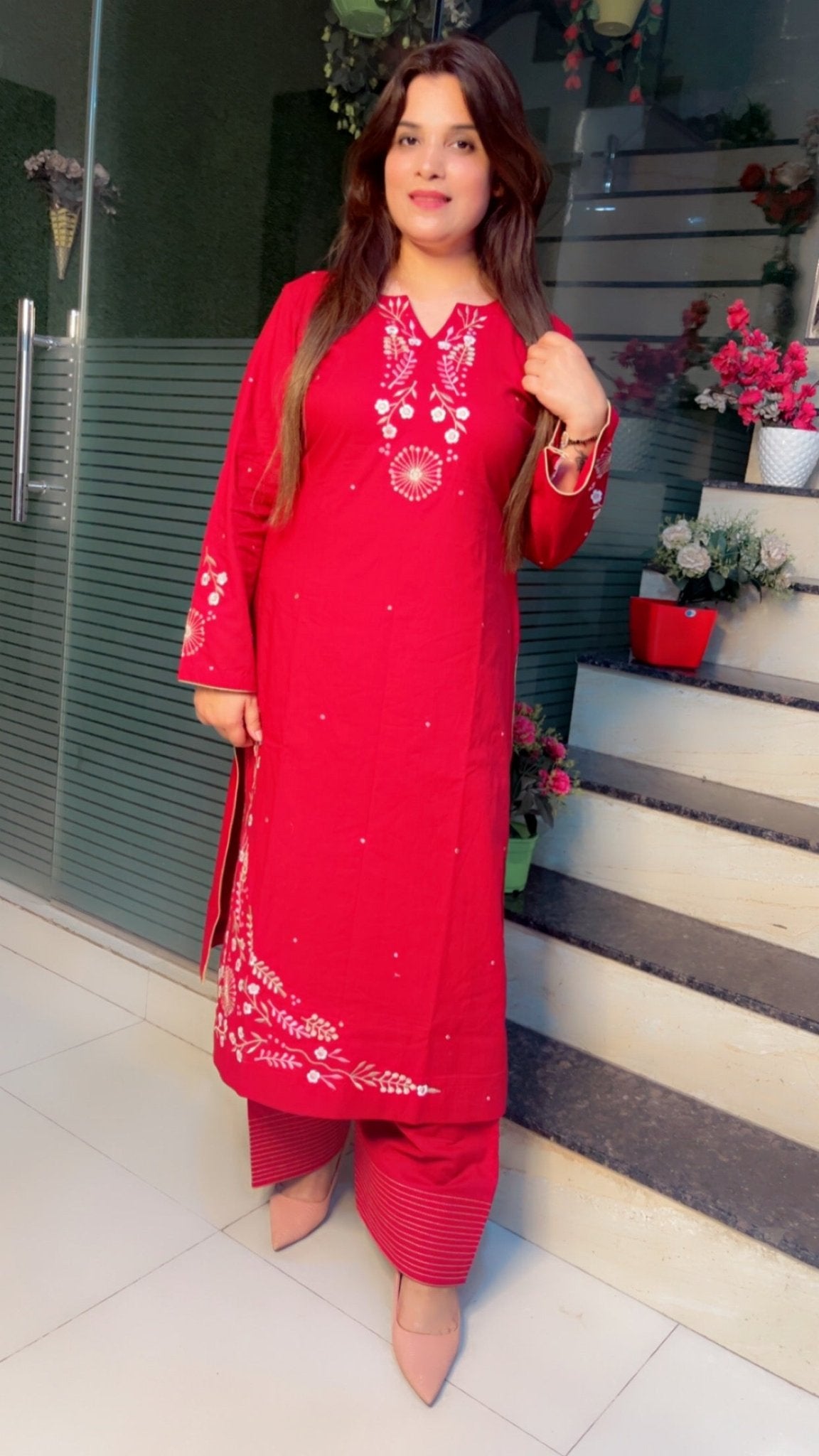Cherry colored Embroidered Straight - Shirt with Farshi Salwar - Kirti Kapoor Couture