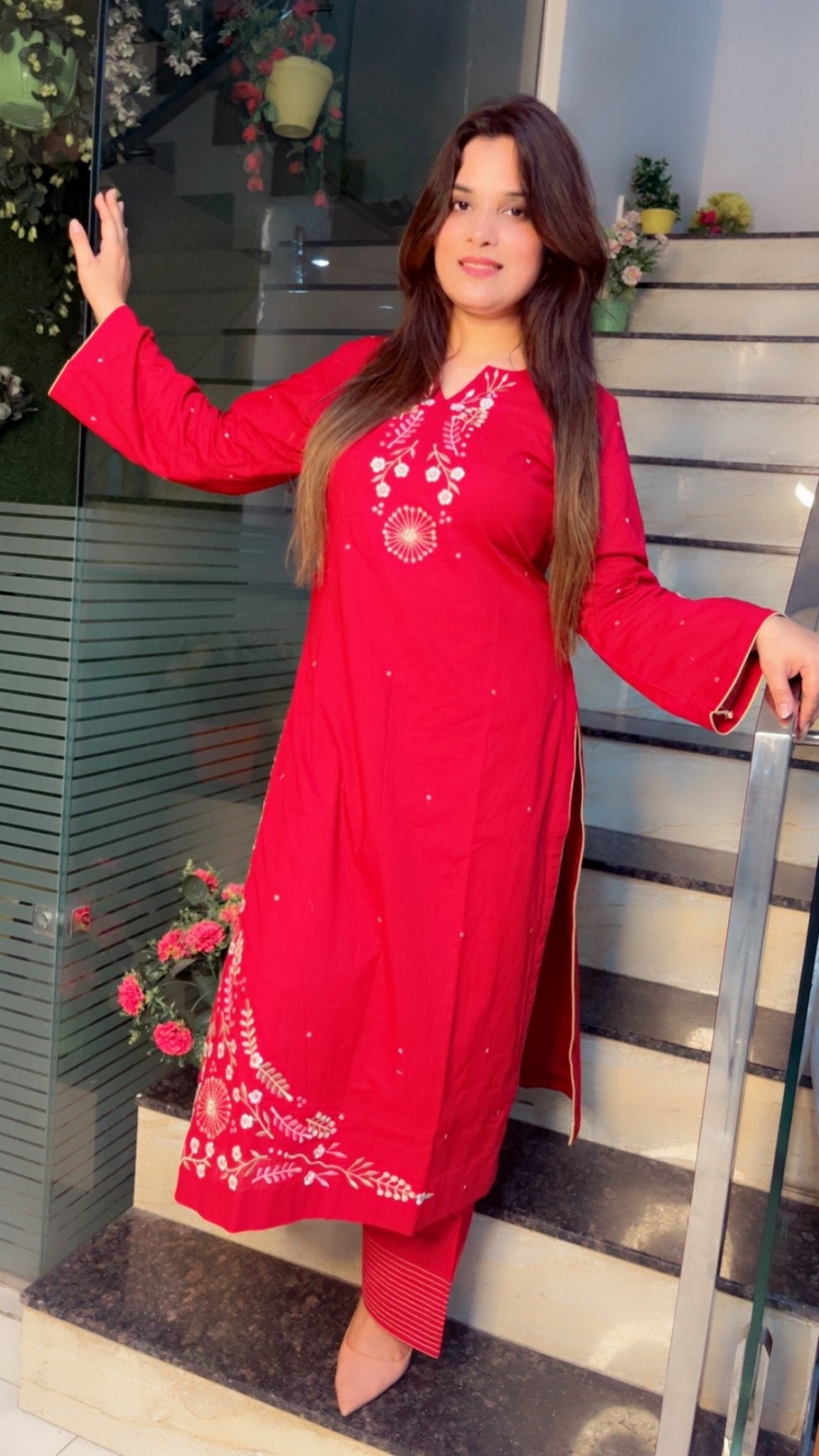 Cherry colored Embroidered Straight - Shirt with Farshi Salwar - Kirti Kapoor Couture