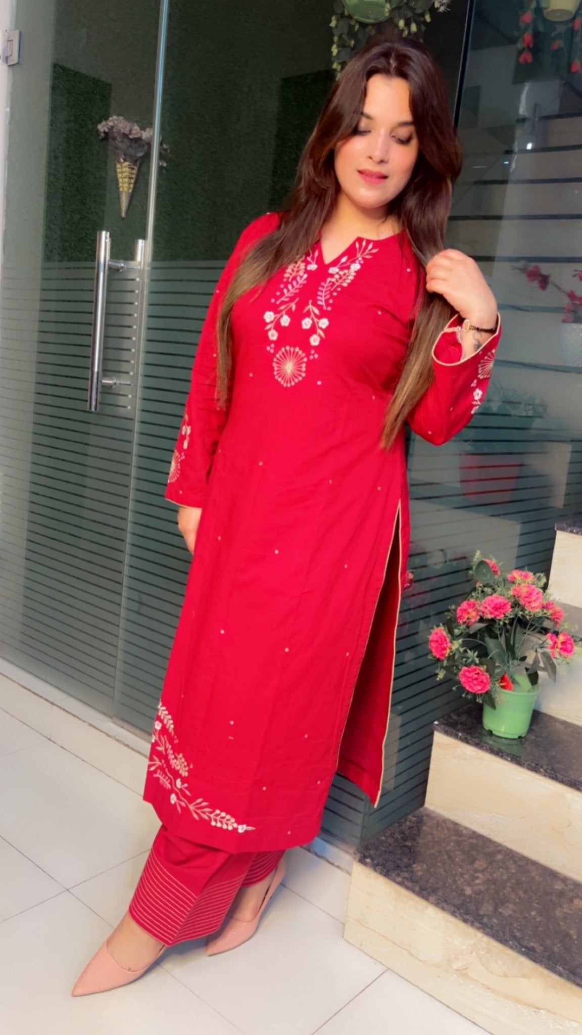 Cherry colored Embroidered Straight - Shirt with Farshi Salwar - Kirti Kapoor Couture