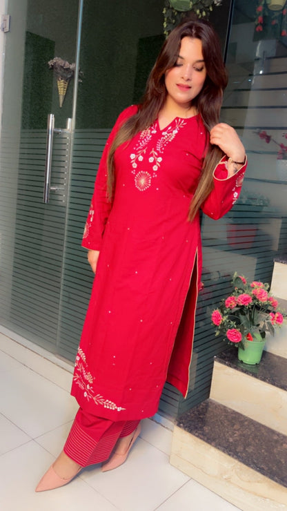 Cherry colored Embroidered Straight - Shirt with Farshi Salwar - Kirti Kapoor Couture