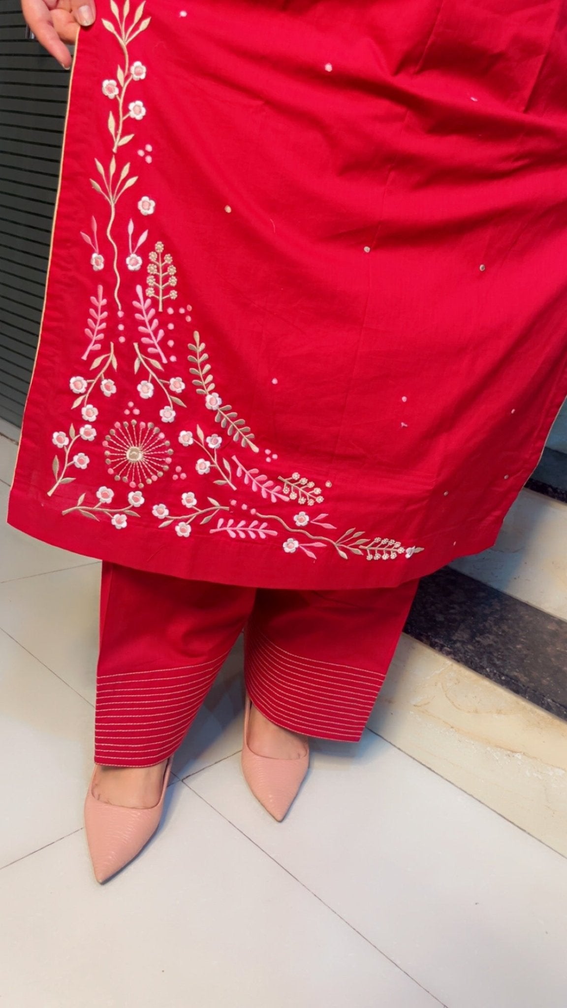Cherry colored Embroidered Straight - Shirt with Farshi Salwar - Kirti Kapoor Couture